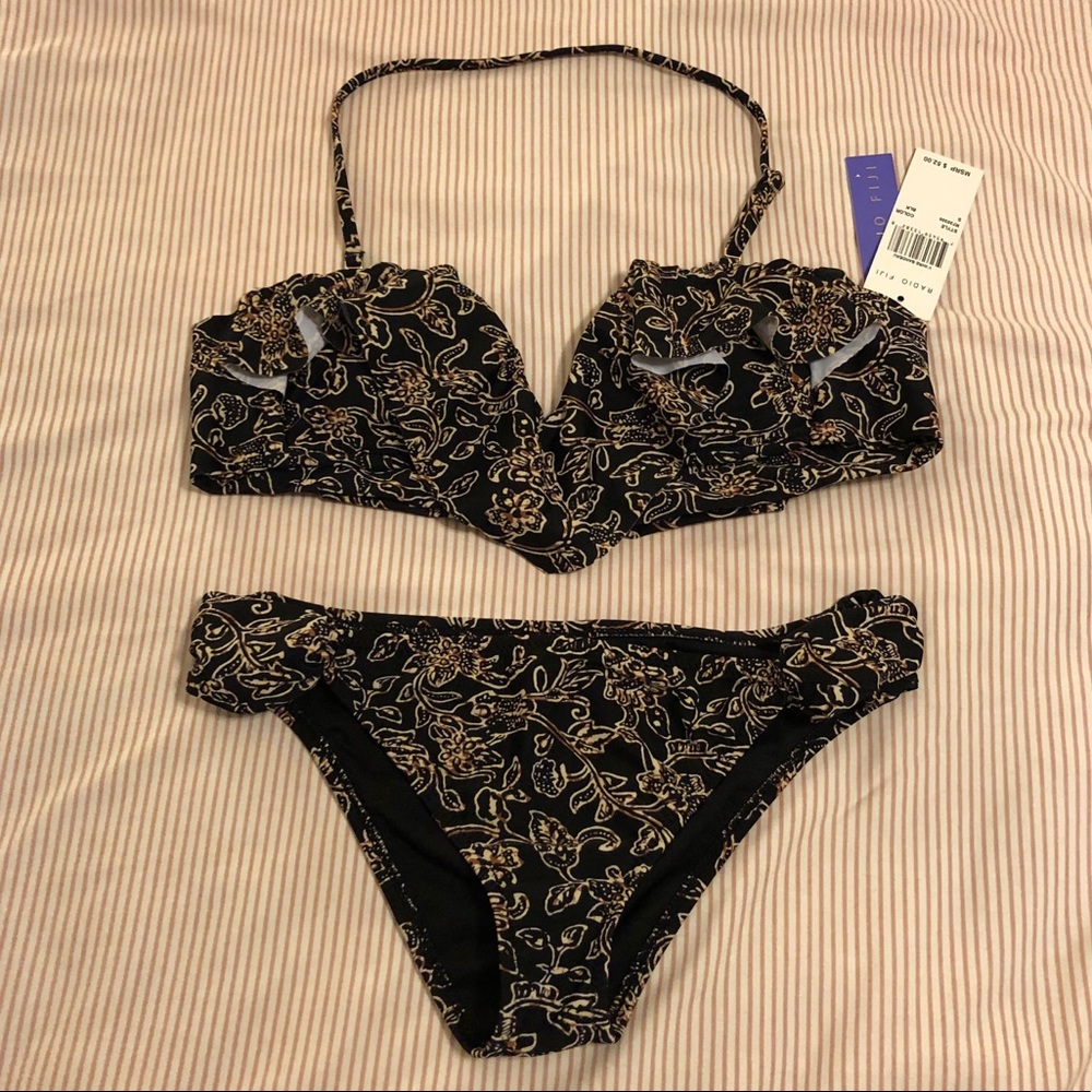 NWT Radio Fiji Floral Ruffle Blk/Brown Swimsuit